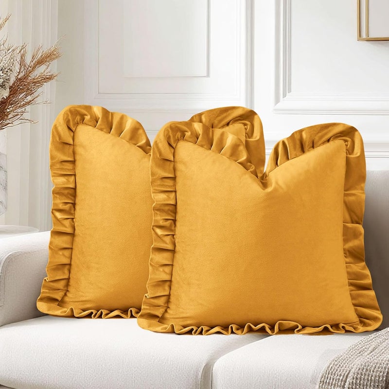 JIUZHEN Gold Velvet Throw Pillow Covers 16x16 for Couch Sofa Livingroom Bed，Pack of 2 Decorative Soild Throw Pillow Covers with Ruffles - Image 1