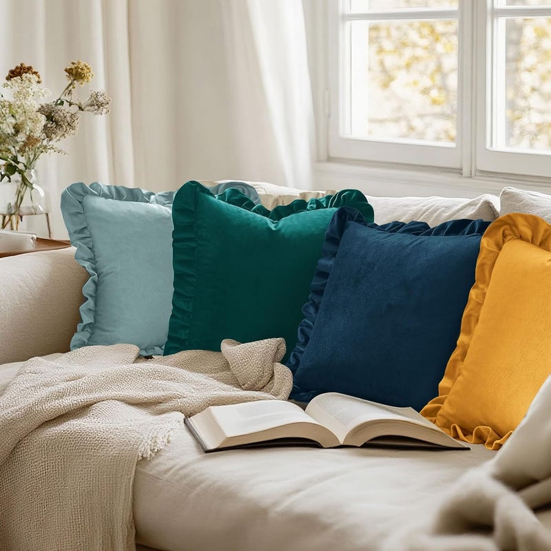 JIUZHEN Gold Velvet Throw Pillow Covers 16x16 for Couch Sofa Livingroom Bed，Pack of 2 Decorative Soild Throw Pillow Covers with Ruffles - Image 5