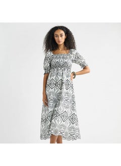 FAV Printed A-Line Midi Dress with Shirred Detail and Short Sleeves  - Image 1