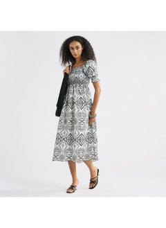 FAV Printed A-Line Midi Dress with Shirred Detail and Short Sleeves  - Image 2
