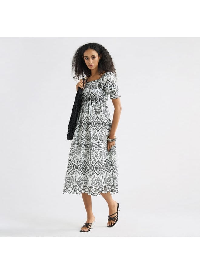 FAV - Printed A-Line Midi Dress with Shirred Detail and Short Sleeves - Image 1