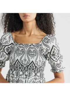 FAV Printed A-Line Midi Dress with Shirred Detail and Short Sleeves  - Image 4