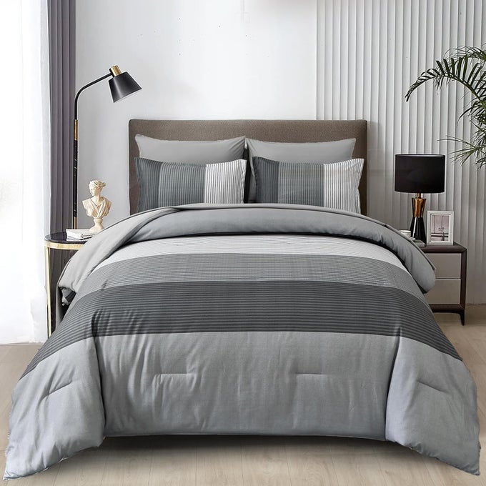 GREY COMFORTER SET QUEEN REVERSIBLE GREY STRIPED PATCHWORK DOWN ALTERNATIVE COMFORTER FOR QUEEN BED3 PIECES 1 COMFORTER2 PILLOWCASES BOHO SOFT MICROFIBER BEDDING SET 9090