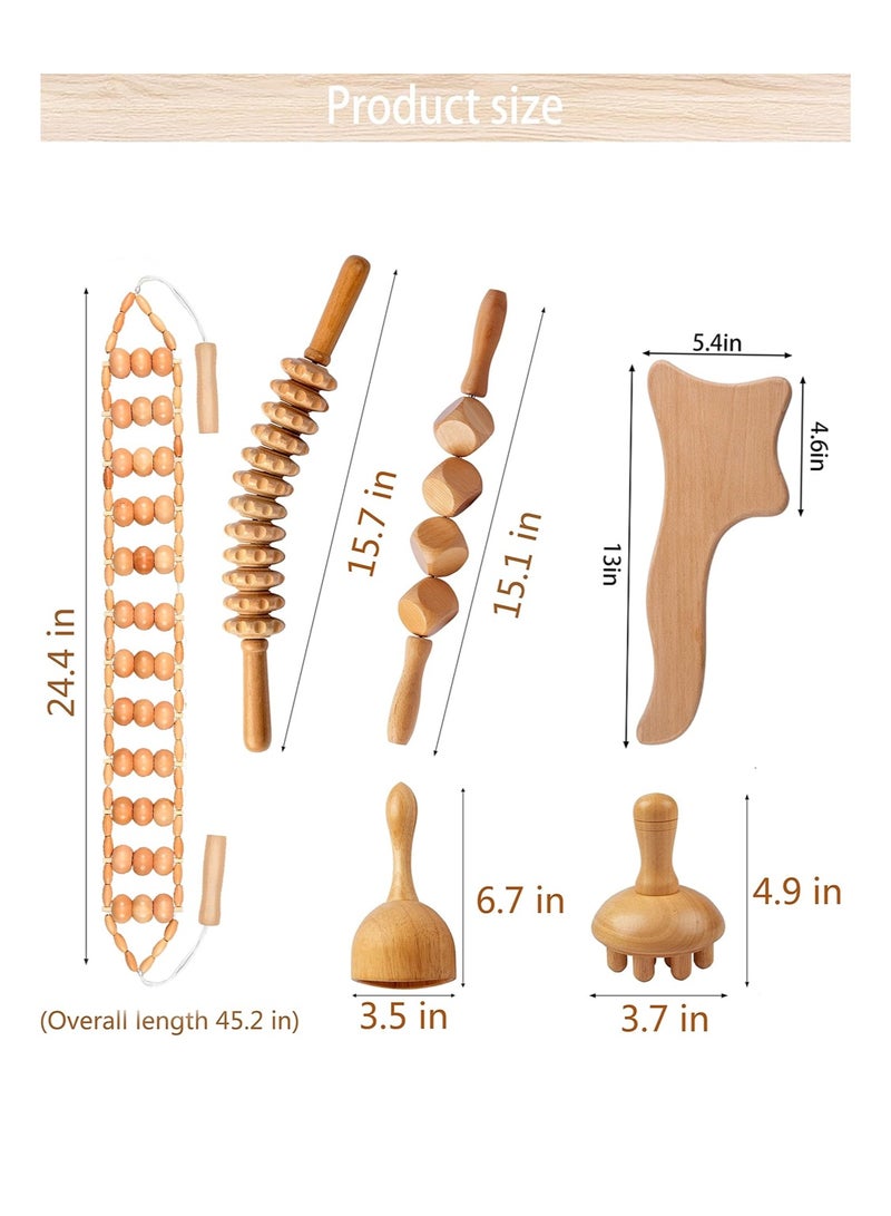 Squarecircle 6 in 1 Wood Therapy Massage Tools, Maderoterapia kit, Wood Therapy Set, Lymphatic Drainage Massager, Wooden Gua Sha Tools, for Full Body Muscle Sore Relief，Wooden Massager Roller Rope for Body Shaping Anti Cellulite - Image 2