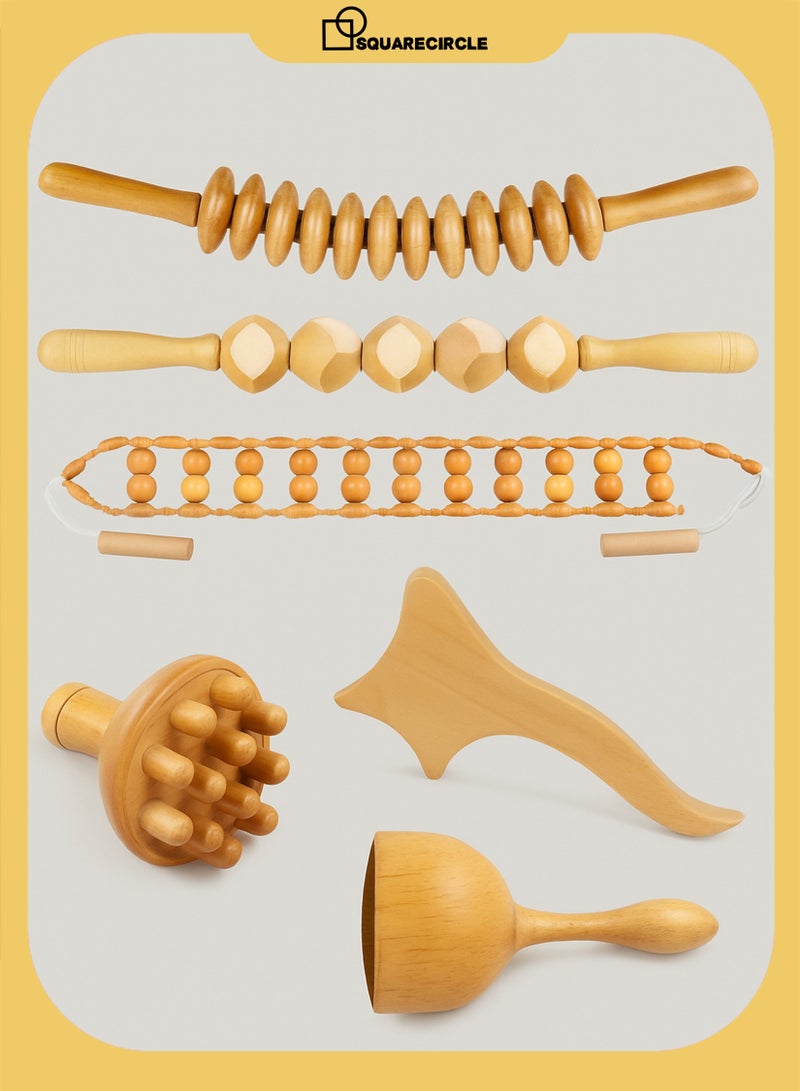 Squarecircle 6 in 1 Wood Therapy Massage Tools, Maderoterapia kit, Wood Therapy Set, Lymphatic Drainage Massager, Wooden Gua Sha Tools, for Full Body Muscle Sore Relief，Wooden Massager Roller Rope for Body Shaping Anti Cellulite - Image 1