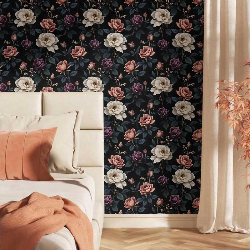 MuralPeel Vintage Pink Purple Cream White Floral Dark Black Peel and Stick Wallpaper Easy Peel Off Self Adhesive Removable Stick on Wall Paper for Kitchen Renter Friendly - Image 3