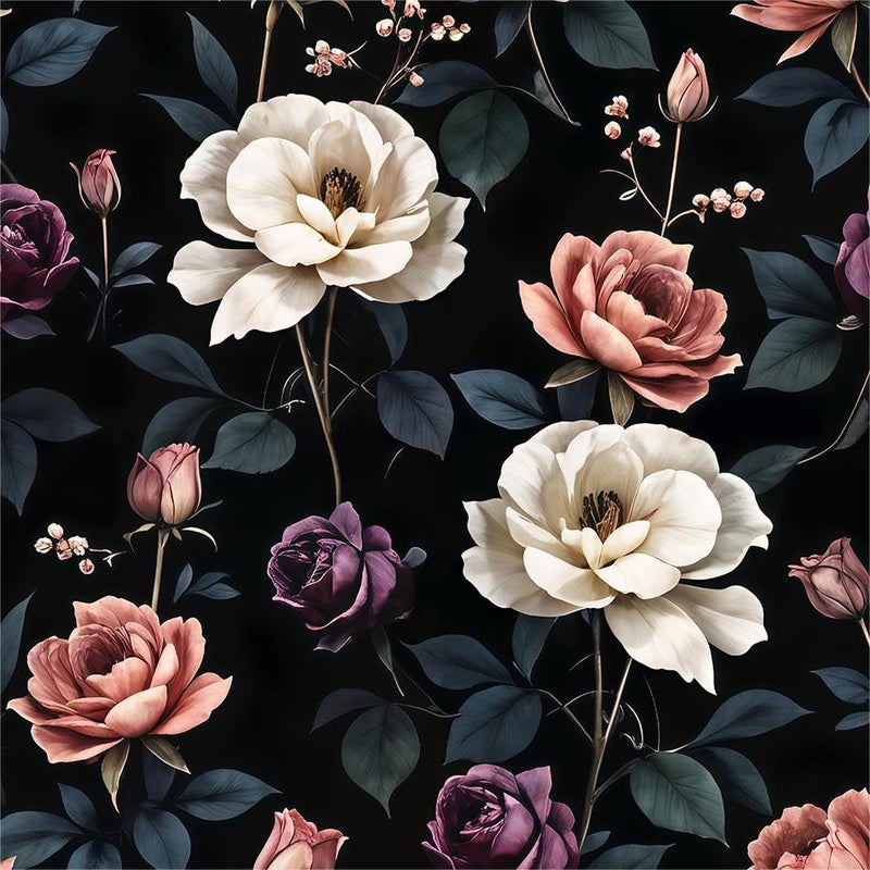 MuralPeel Vintage Pink Purple Cream White Floral Dark Black Peel and Stick Wallpaper Easy Peel Off Self Adhesive Removable Stick on Wall Paper for Kitchen Renter Friendly - Image 1