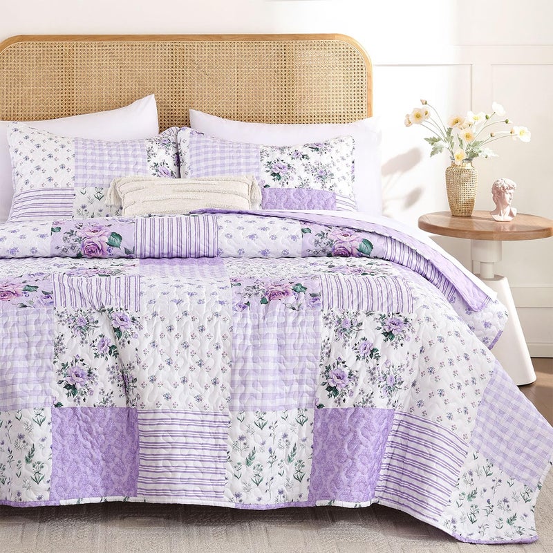 YIKUSH Quilt Sets Queen Size Floral Quilt Set 3 Pieces Bedding Set Bedspreads Purple Comforter Blanket with 2 Pillow Cases- Ultra Soft Floral Coverlet with Printed Pattern 90in.x 90in - Image 1