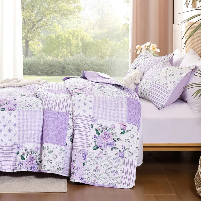 YIKUSH Quilt Sets Queen Size Floral Quilt Set 3 Pieces Bedding Set Bedspreads Purple Comforter Blanket with 2 Pillow Cases- Ultra Soft Floral Coverlet with Printed Pattern 90in.x 90in - Image 2