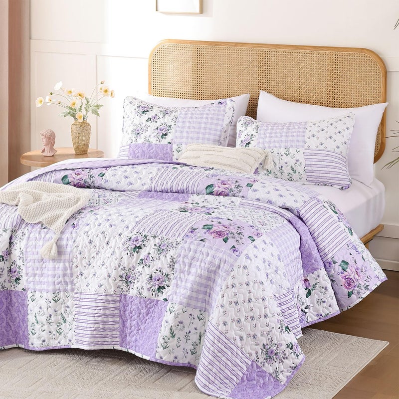 YIKUSH Quilt Sets Queen Size Floral Quilt Set 3 Pieces Bedding Set Bedspreads Purple Comforter Blanket with 2 Pillow Cases- Ultra Soft Floral Coverlet with Printed Pattern 90in.x 90in - Image 4