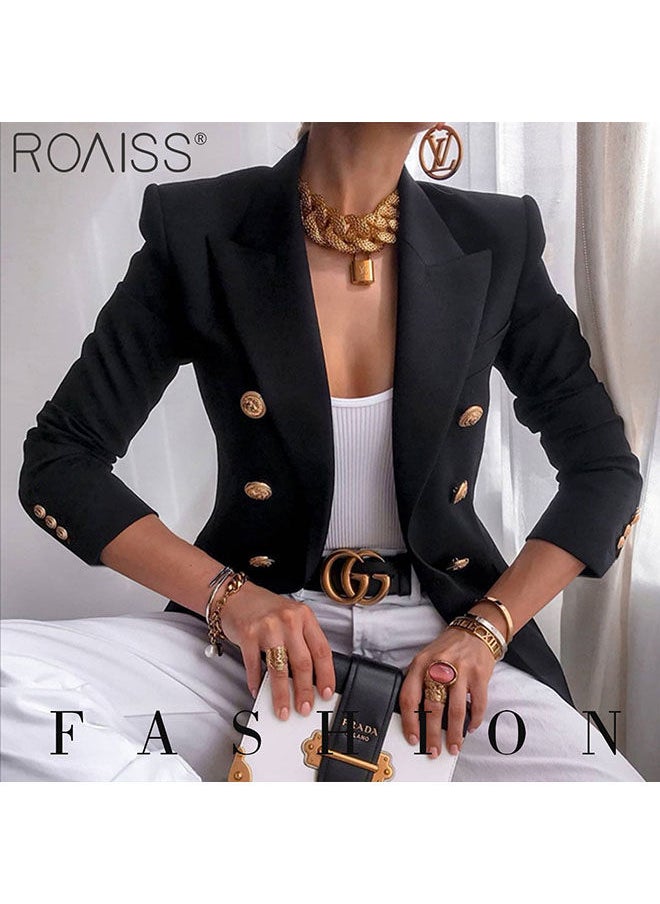 Women'S Fashion Slim Versatile Blazer Classic V-Neck Long-Sleeved Jacket Side Flap Utility Pockets Gold Button Top