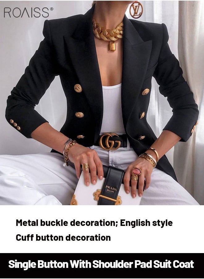 Women'S Fashion Slim Versatile Blazer Classic V-Neck Long-Sleeved Jacket Side Flap Utility Pockets Gold Button Top