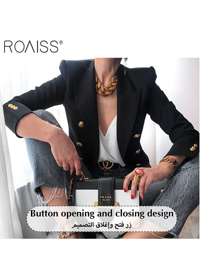 Women'S Fashion Slim Versatile Blazer Classic V-Neck Long-Sleeved Jacket Side Flap Utility Pockets Gold Button Top