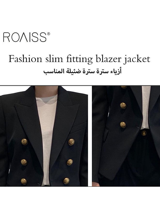 Women'S Fashion Slim Versatile Blazer Classic V-Neck Long-Sleeved Jacket Side Flap Utility Pockets Gold Button Top