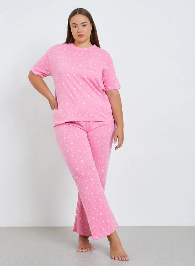 Styli Plus Size Pink Printed T-Shirt and Pyjama Set