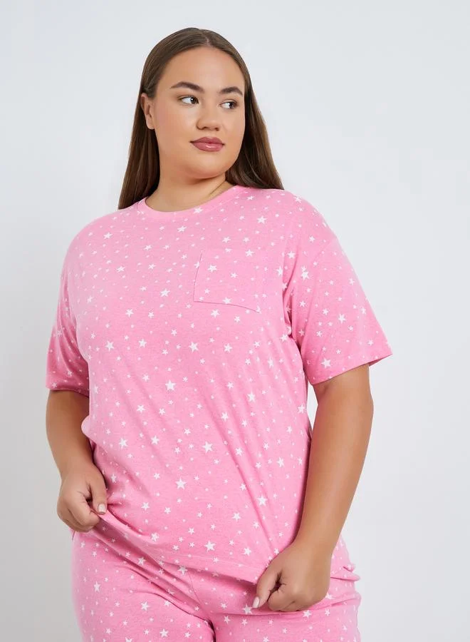 Styli Plus Size Pink Printed T-Shirt and Pyjama Set