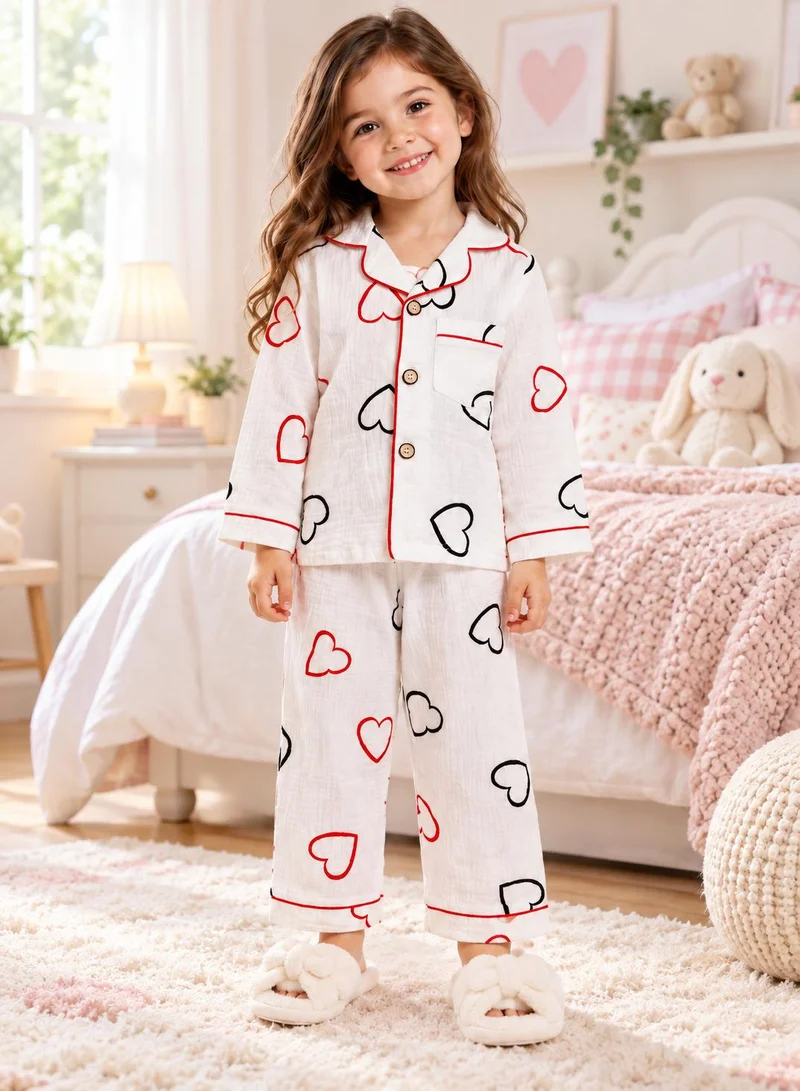 بيبي كلو Girls White Heart Print Muslin Cotton Nightwear Set