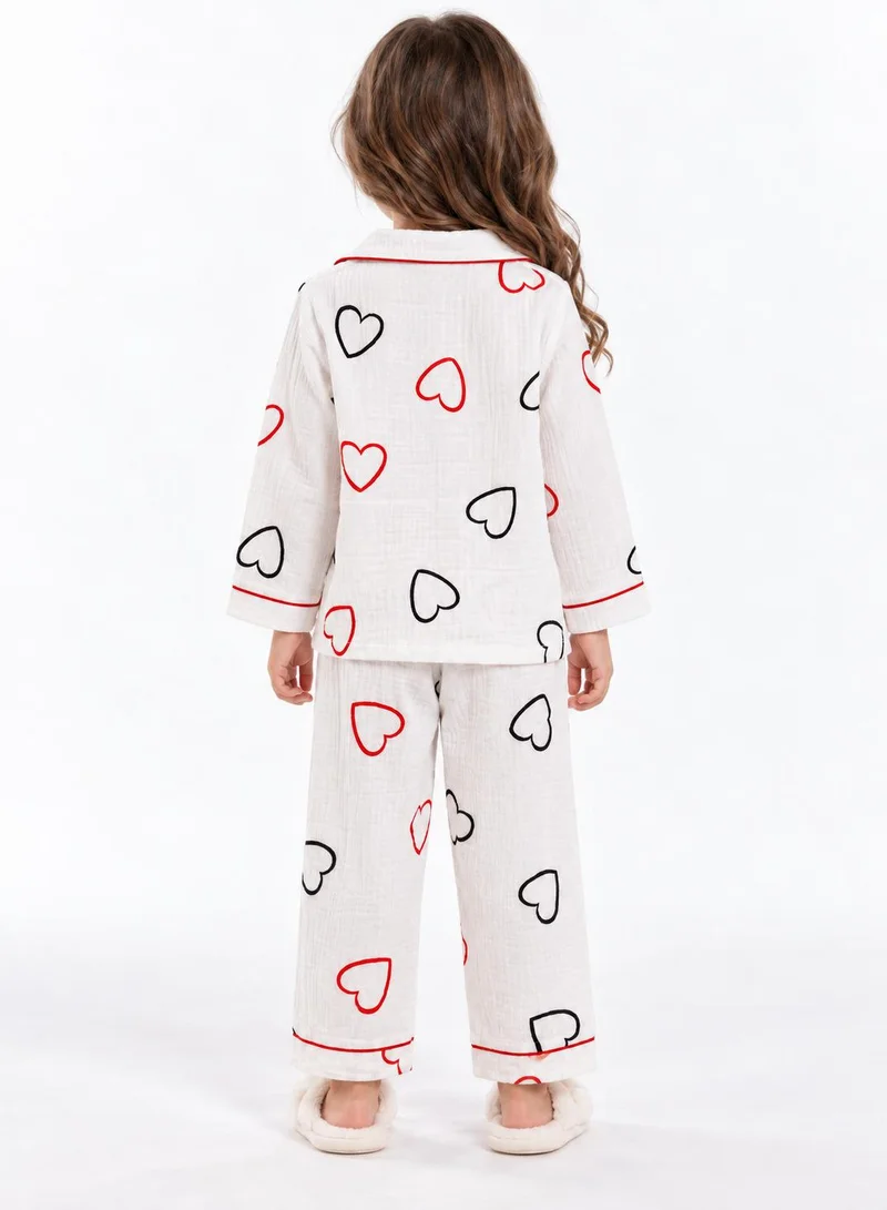 بيبي كلو Girls White Heart Print Muslin Cotton Nightwear Set