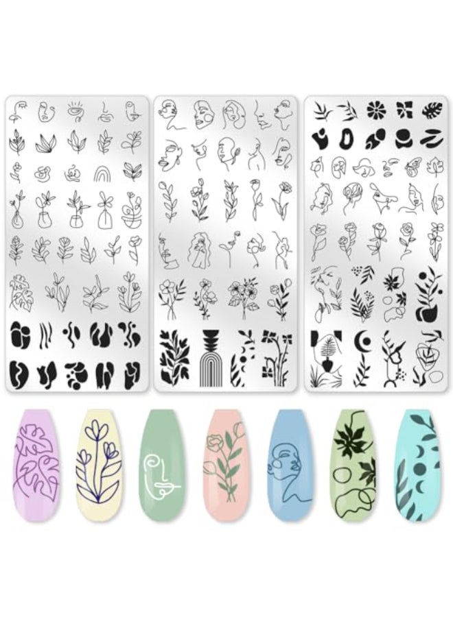 beinkmake 3Pcs Abstract Boho Nail Stamping Plate Set Nail Stamp Templates French Line Tip Lady Face Leaf Floral Metal Reusable Tools with Stamper Scraper for Manicure Printing - Image 1