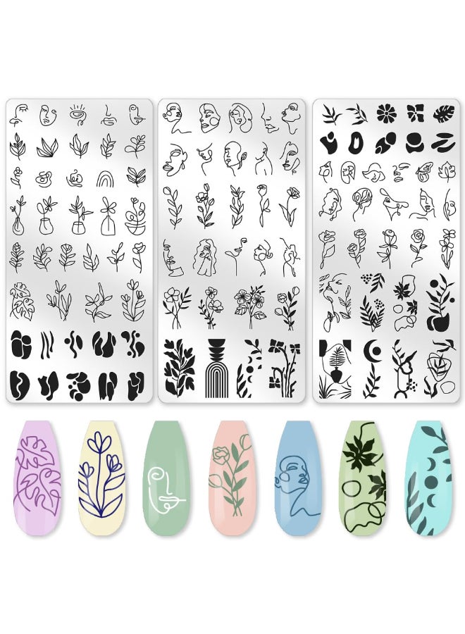 beinkmake 3Pcs Abstract Boho Nail Stamping Plate Set Nail Stamp Templates French Line Tip Lady Face Leaf Floral Metal Reusable Tools with Stamper Scraper for Manicure Printing - Image 2