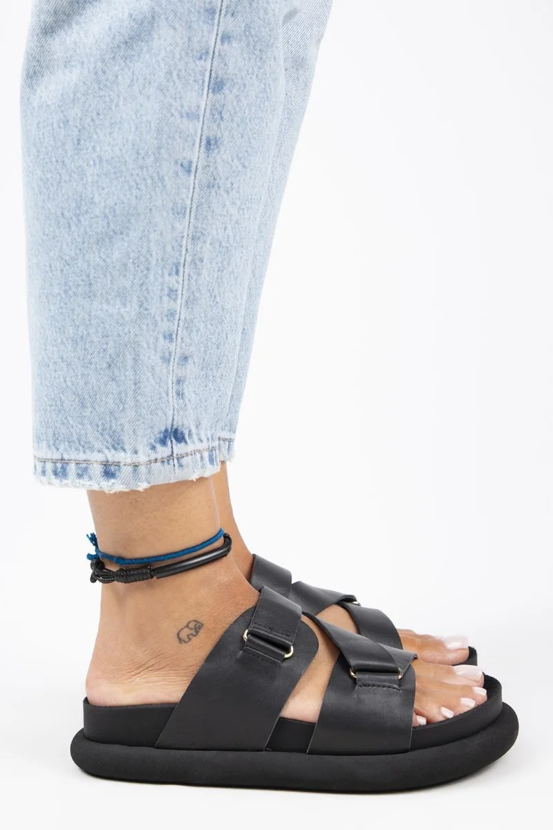 Manijero Manijero Tulipan Women's Genuine Leather Black Slippers with Straps