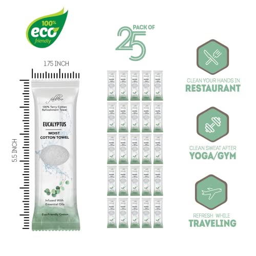 FabbPro Oshibori Moist Terry Cotton Refreshment Towels (25 Pack, 8 x 8 Inches) - White Scented Pre-moistened Towel to Use Hot or Cold (Eucalyptus) - Image 3