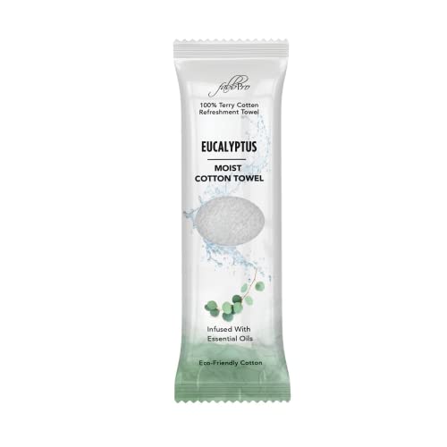 FabbPro Oshibori Moist Terry Cotton Refreshment Towels (25 Pack, 8 x 8 Inches) - White Scented Pre-moistened Towel to Use Hot or Cold (Eucalyptus) - Image 1