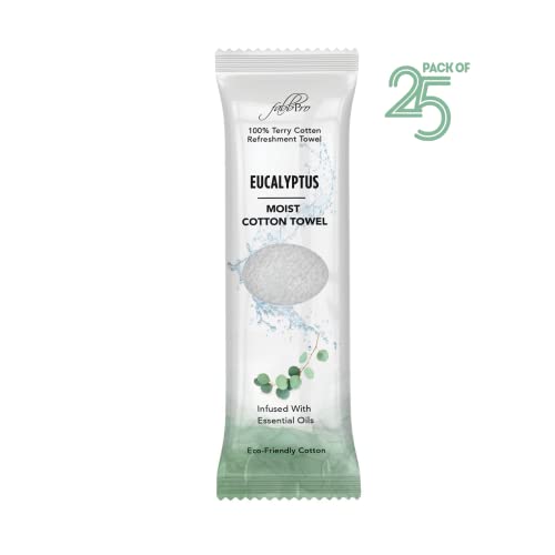 FabbPro Oshibori Moist Terry Cotton Refreshment Towels (25 Pack, 8 x 8 Inches) - White Scented Pre-moistened Towel to Use Hot or Cold (Eucalyptus) - Image 2