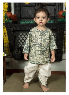 Polka Tots Polka Tots Full Sleeves Geometric Print Angrakha Top With Dhoti - Cream & Grey  - Image 2