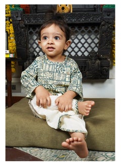 Polka Tots Polka Tots Full Sleeves Geometric Print Angrakha Top With Dhoti - Cream & Grey  - Image 3