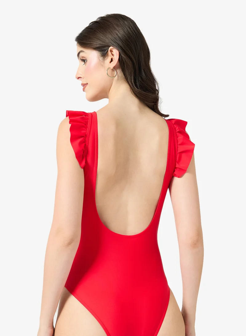 ايلا Deep Neck Ruffle Shoulder Swimsuit
