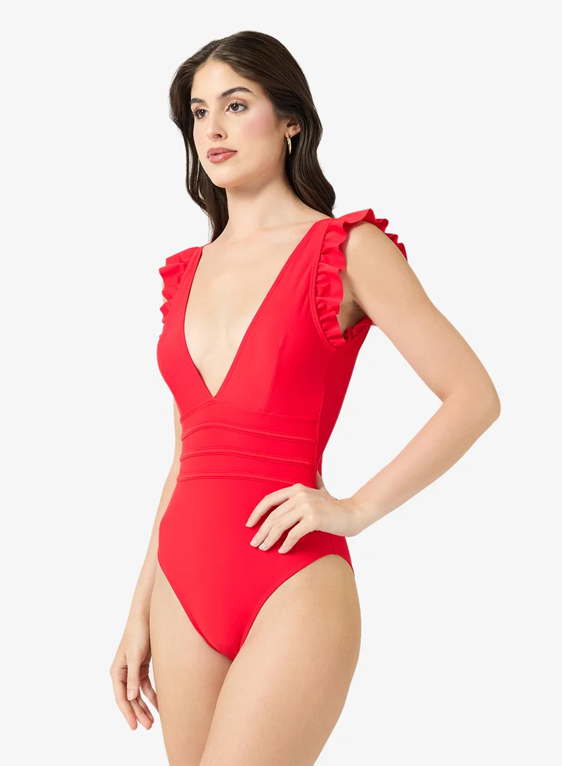 ايلا Deep Neck Ruffle Shoulder Swimsuit