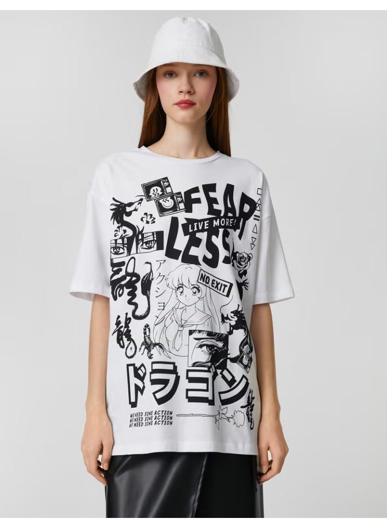 KOTON Oversize T-Shirt Short Sleeve Far East Printed Crew Neck - Image 2