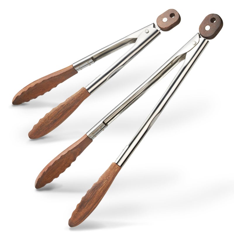 stochastic box Wooden Kitchen Cooking Tongs 2 Pcs Food Tongs with Wood Tip 9 Inch 12 Inch Walnut Wooden Kitchen Tongs for Salad Tossing and Serving Food - Image 1