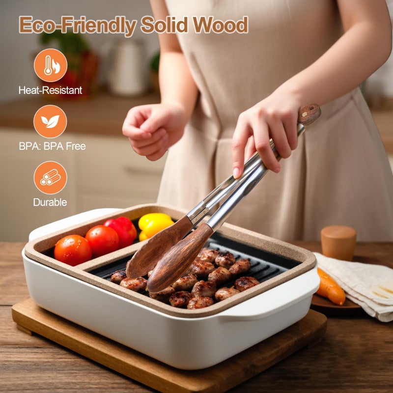 stochastic box Wooden Kitchen Cooking Tongs 2 Pcs Food Tongs with Wood Tip 9 Inch 12 Inch Walnut Wooden Kitchen Tongs for Salad Tossing and Serving Food - Image 2