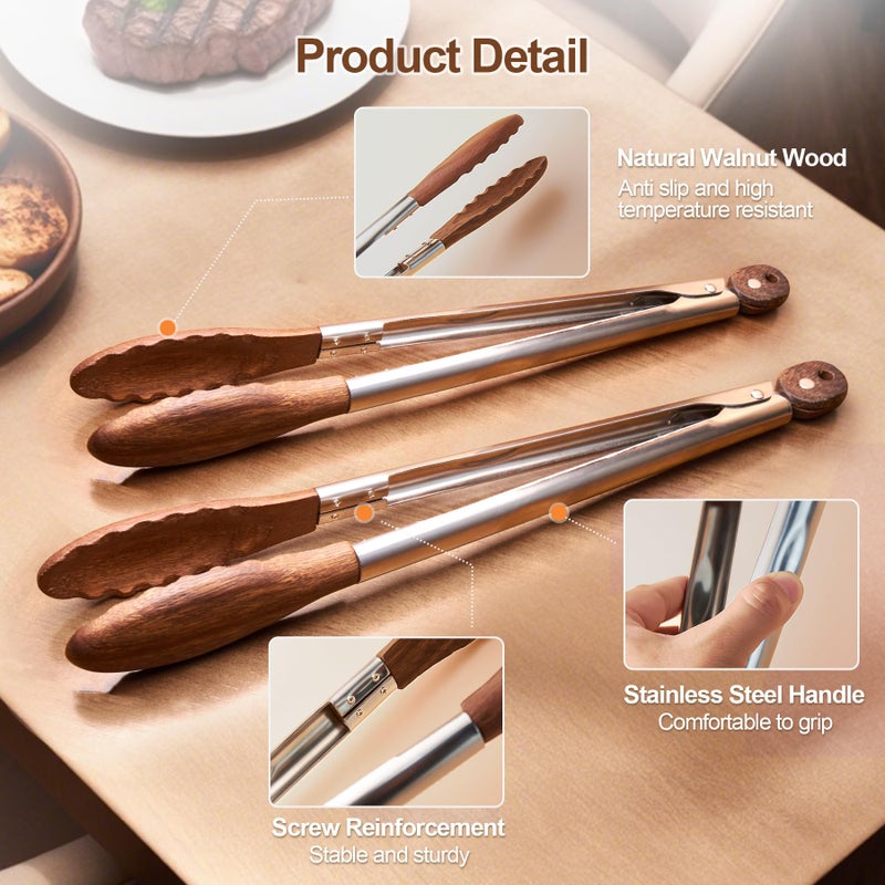 stochastic box Wooden Kitchen Cooking Tongs 2 Pcs Food Tongs with Wood Tip 9 Inch 12 Inch Walnut Wooden Kitchen Tongs for Salad Tossing and Serving Food - Image 4