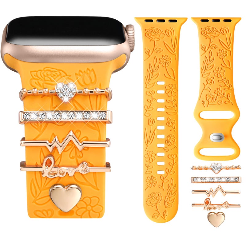 DaQin Flower Engraved Band Compatible with Apple Watch Bands for Women 40mm 38mm 41mm 42mm, Soft Silicone Strap With Dressy Decorative Apple Watch Charms for iWatch Series 11 10 9 8 7 6 5 4 3 2 1 SE - Image 1