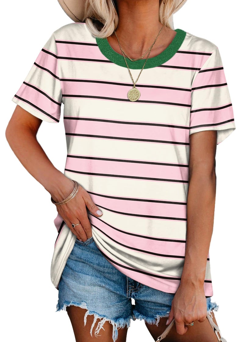 Jescakoo Spring Break Essential Womens Summer Tops 2026 Fashion Trendy Beach Vacation Clothes Easter Outfits Short Sleeve Shirts Lake Green Stripes M - Image 3