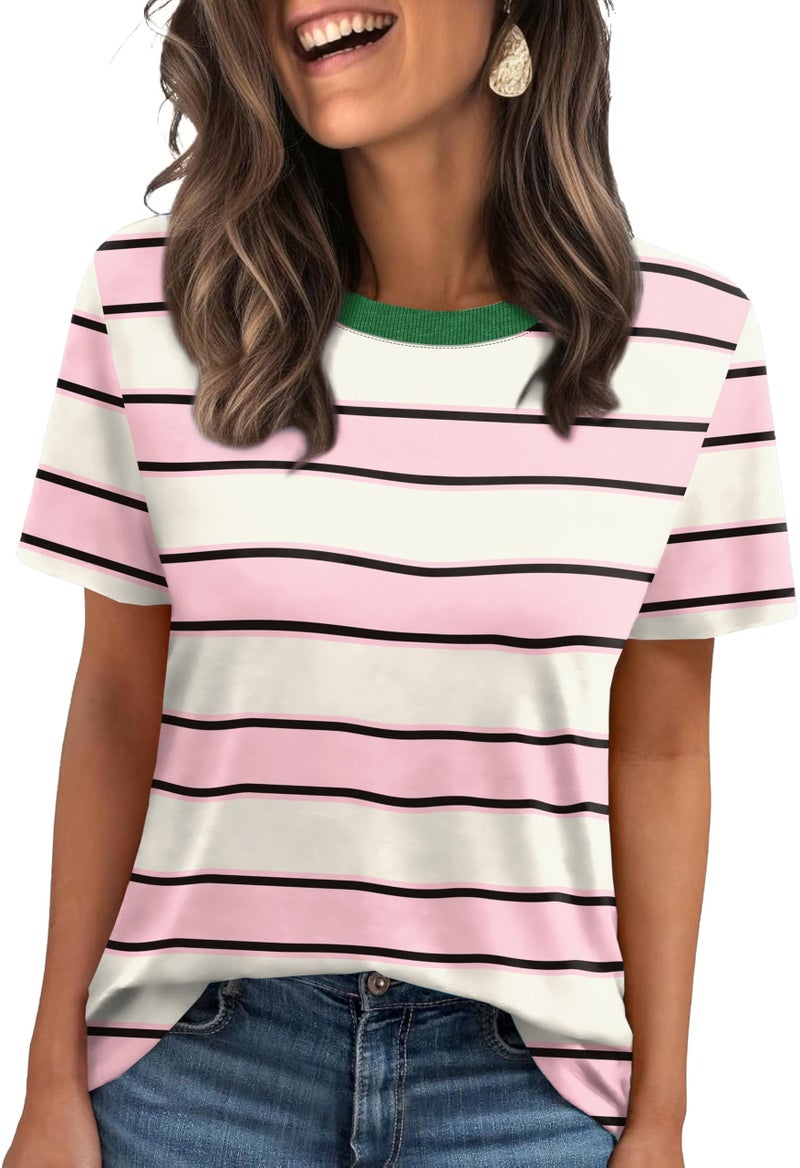 Jescakoo Spring Break Essential Womens Summer Tops 2026 Fashion Trendy Beach Vacation Clothes Easter Outfits Short Sleeve Shirts Lake Green Stripes M - Image 1