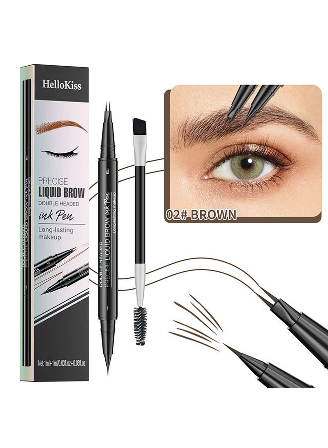 هيلوكيس قلم حواجب سائل دقيق مع فرشاة قلم حبر مزدوج الرأس 2 طرف Microblading حواجب قلم حواجب منحني ، 2 طرف شوكة قلم عين مقاوم للماء طويل الأمد قلم حبر بني # 02 - Image 1
