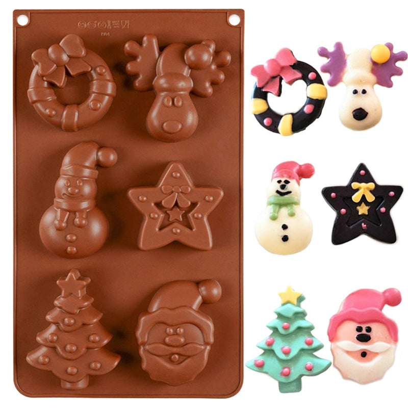 Marhaba traders Marhaba Traders 6 Cavity Christmas Mould Candle Soap Silicone Mould Reindeer Wreath Santa face Snowman Xmas Tree and Star for Holiday Candy Cake Cookies Muffin Cups Chocolate and Jelly - Image 1