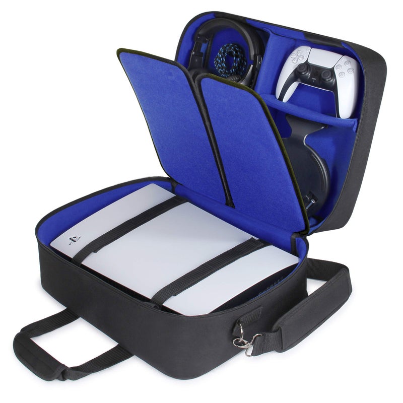 USA GEAR PS5 Case - Console Case Compatible with PlayStation 5 and PS5 Digital Edition with Customizable Interior for Controller, Games, Headset, and Accessories (Blue) - Image 1