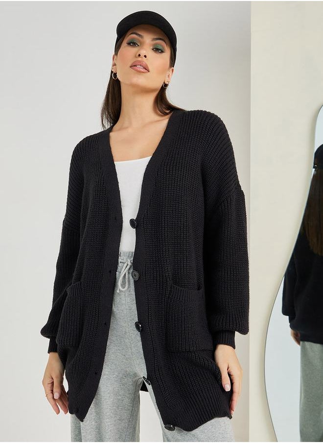 Styli - Longline Chunky Knit Oversized Cardigan with Buttons - Image 1