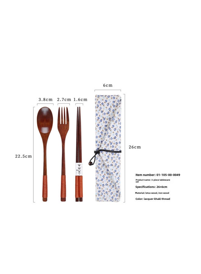 Yfjy Special Season Japanese Wooden Chopsticks Spoon Fork Portable One-person Spoon Fork Chopsticks Picnic Three-piece Cloth Bag-Specifications:(Lotus Wood) 22.5 Spoon And Fork Chopsticks Big Lacquer Khaki + Floret  - Image 1