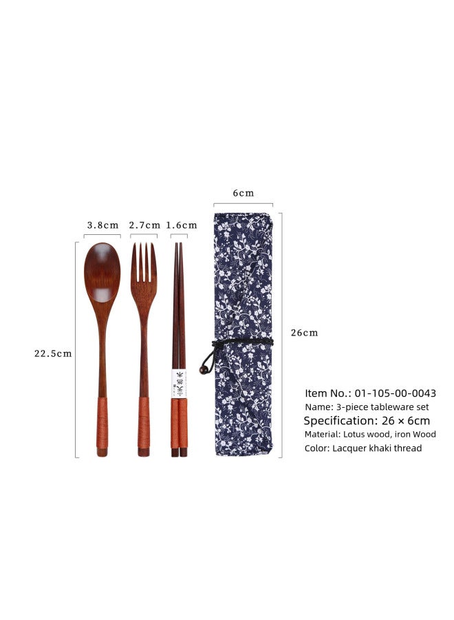 Yfjy Special Season Japanese Wooden Chopsticks Spoon Fork Portable One-person Spoon Fork Chopsticks Picnic Three-piece Cloth Bag-Specifications:(Lotus Wood) 22.5 Spoon And Fork Chopsticks Big Lacquer Khaki + Floret  - Image 2