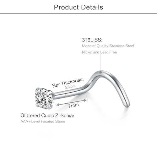 Mayhoop 20G Nose Rings Studs 316L Surgical Stainless Steel L Shape Bone Diamond Heart Corkscrew Nose Ring Nostril Piercing Jewelry for Women Men - Image 3