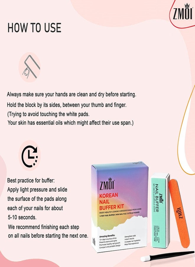 ZMOI Pro Nail Buffer Set -Luxurious Shine Korean 4-Way Nail Buffing Block, Cuticle Pusher, and Mini Nail File Kit - for Natural Shine Nails - Manicure/Pedicure Tools for Home and Salon - Image 4