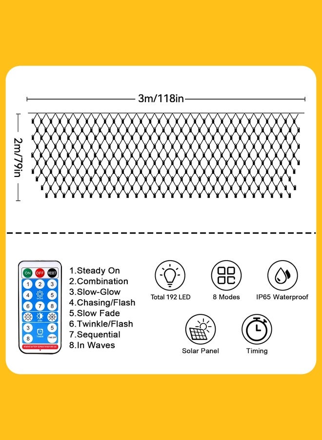Tersely Solar Net Lights Outdoor with Remote Mesh Lights 3M x 2M/9.8 x 6.6FT 192 LEDS IP65 Waterproof Lights for Ramadan Diwali Party Patio Backyard Bush Fence Wall Christmas Holiday - Image 2
