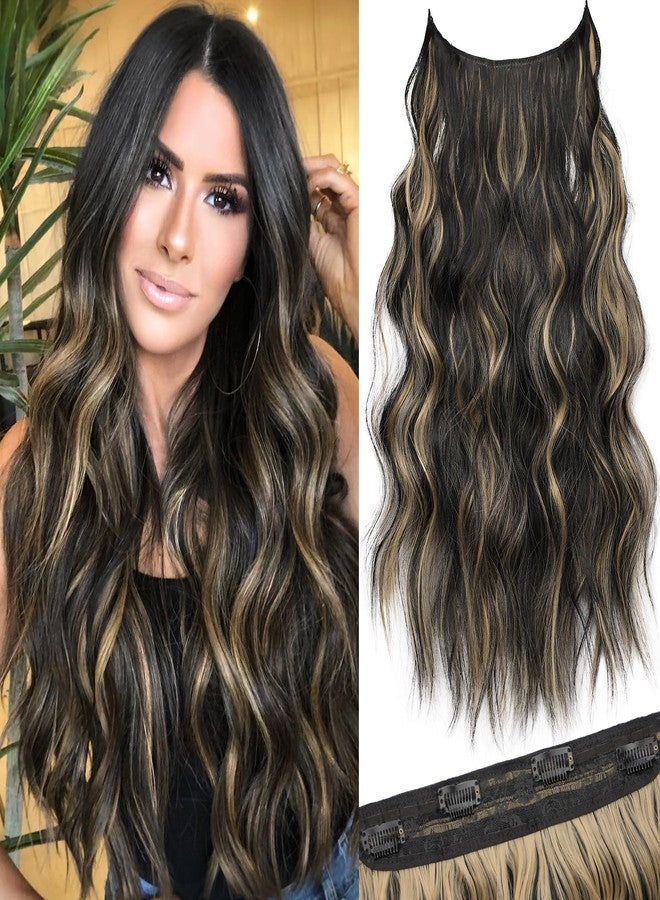 كوكا ستايل وصلات شعر سلكية غير مرئية من KooKaStyle مع عصابة رأس شفافة قابلة للتعديل مقاس 4 مشابك آمنة، قطعة شعر سلكية طويلة مموجة سرية بطول 20 بوصة للنساء (أسود مع خصلات شقراء) - Image 1