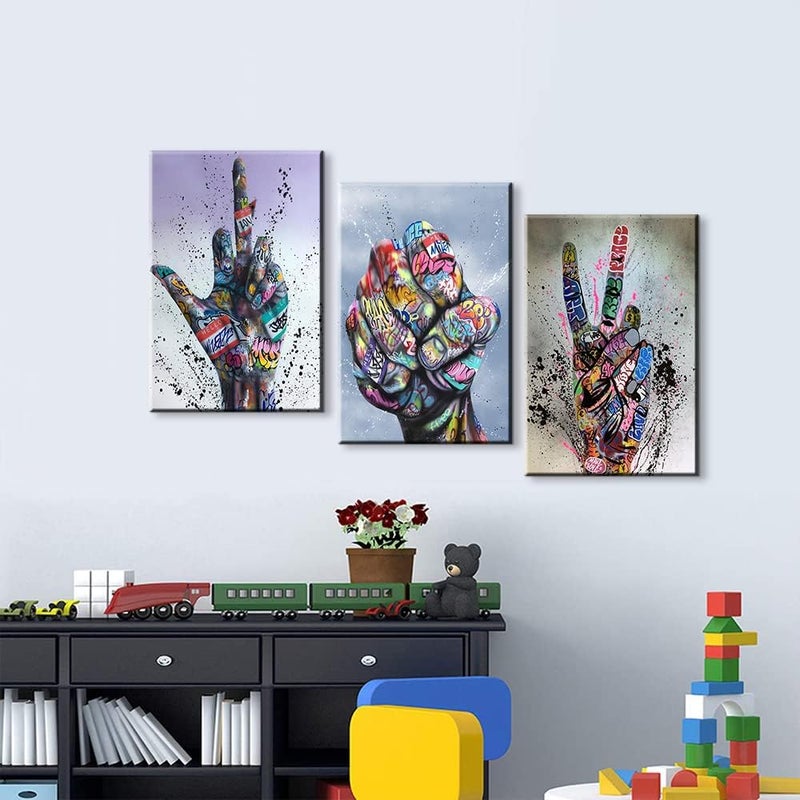 Mistyefly 3 Piece Graffiti Wall Art Hand Gestures Pop Poster Colorful Decor Canvas Street for Living Room Bedroom - Image 5